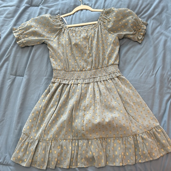 Blue Lulus off-the-shoulder dress with gold metallic pattern size medium - Picture 3 of 3